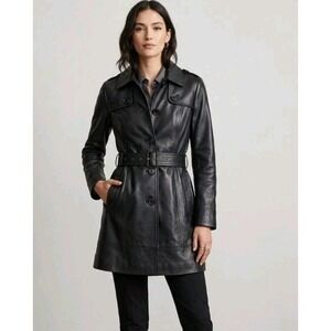 Pelle Studio Black Leather Button Up Mid Length Trench Jacket Thinsulate Sz S